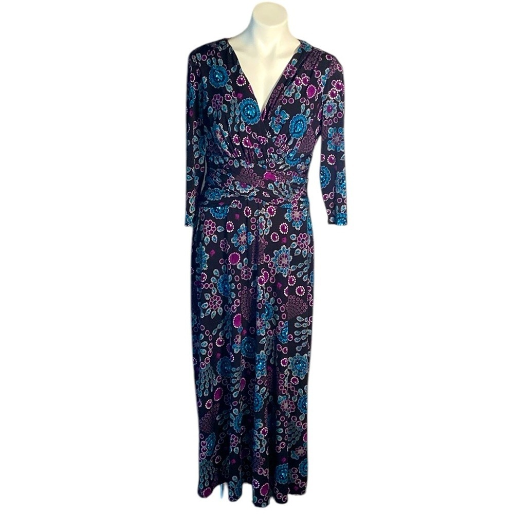 Clues Collection Black Jewel Print Long Sleeve Stretch Maxi Wrapped Dress V Neck